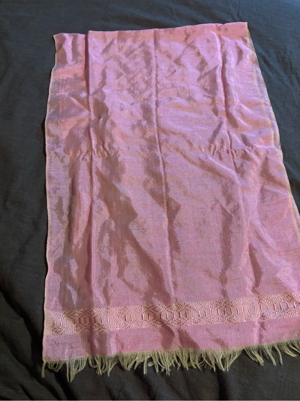 Pink Shimmer Woven Wrap Shawl Scarf Fringe Embroidered Border Boho 61x20